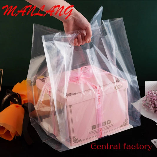 Custom  Transparent Plastic Bag With Handle Large Food Container Packaging Bag Party Candy Cake Wrapping Bags